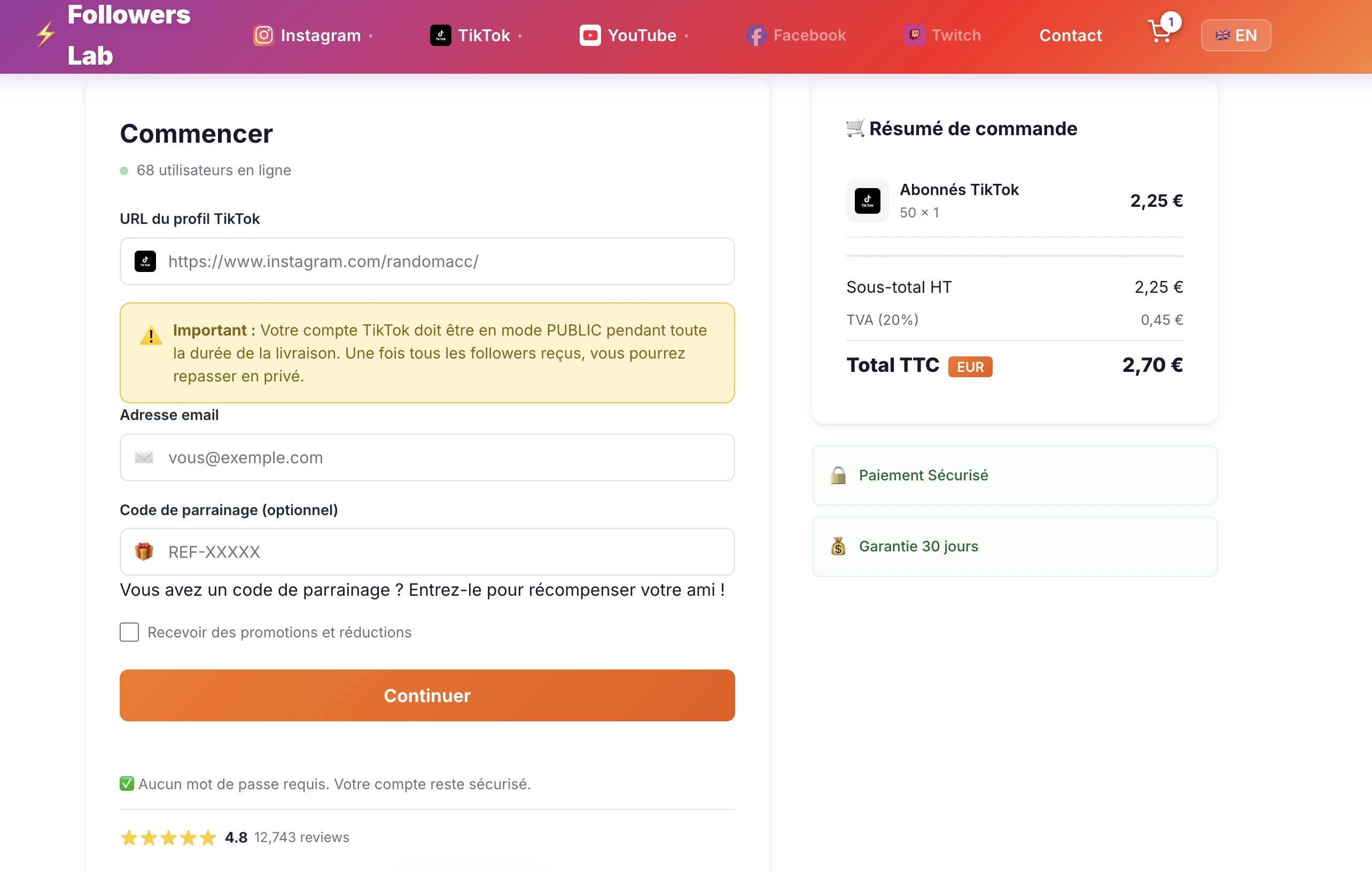 Commande de followers TikTok sur Followers-Lab